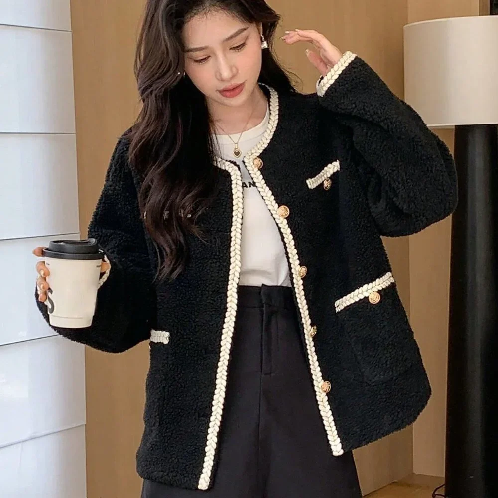 Black Preppy Womens Contrast Trim Drop Shoulder Teddy Jacket